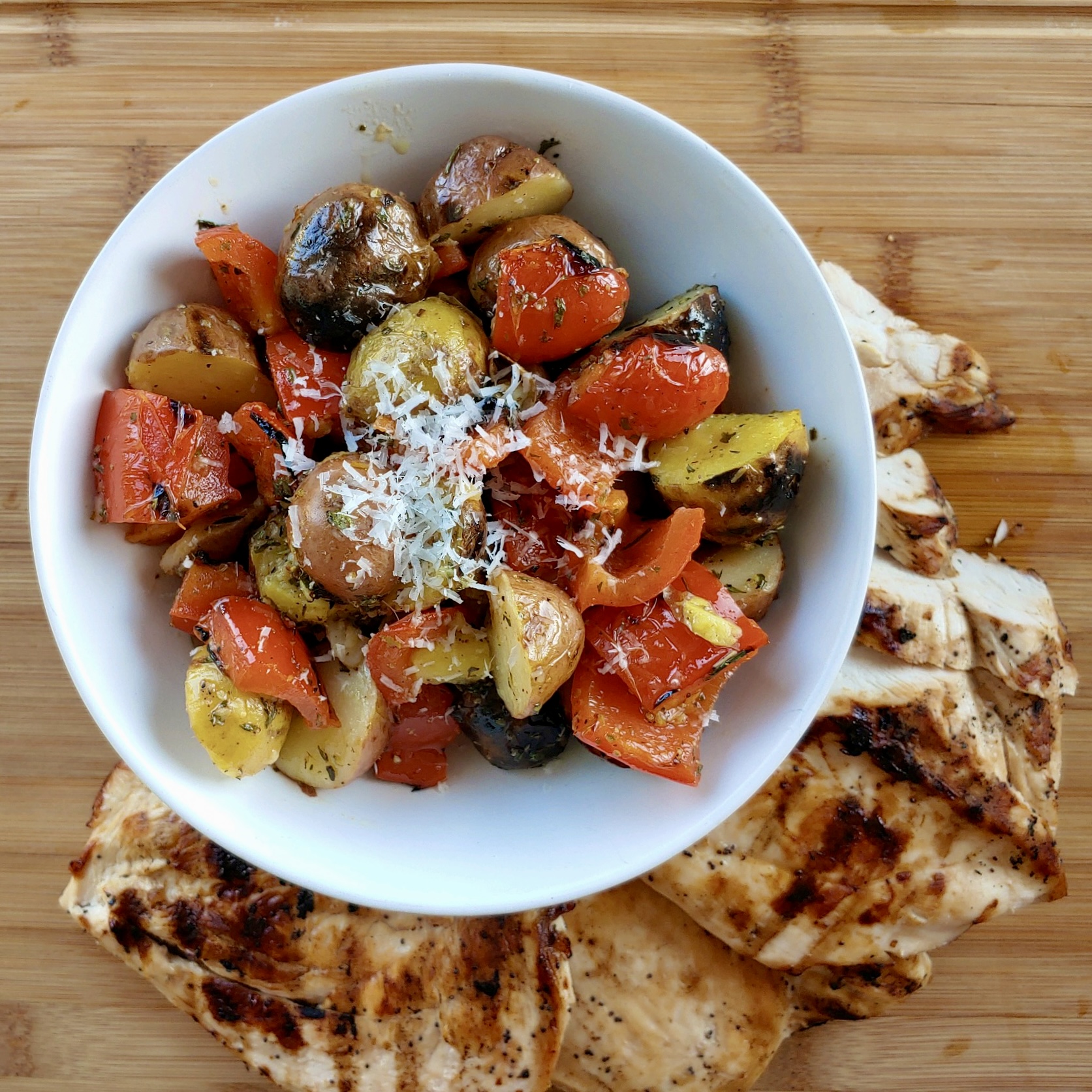 Grilled Potato and Red Pepper Salad with Poppyseed Onion Chicken